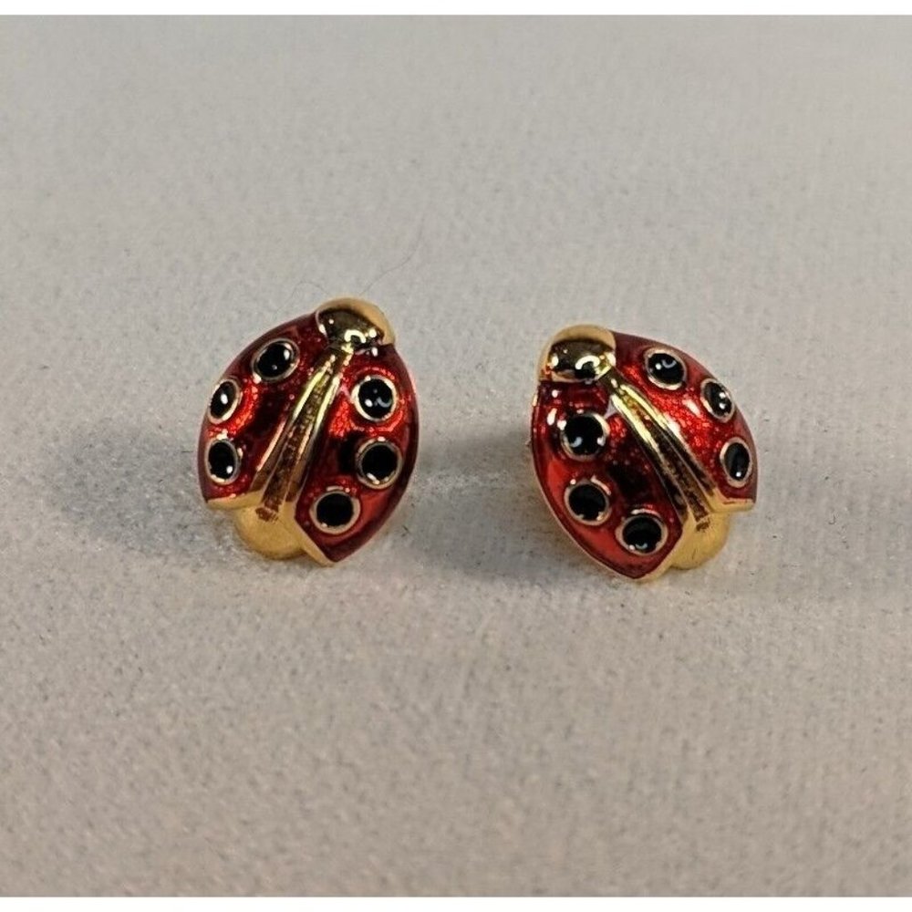 Vintage 1980 Ladybug Gold Tone Red Black Enamel Lady bug Avon Earrings Studs
